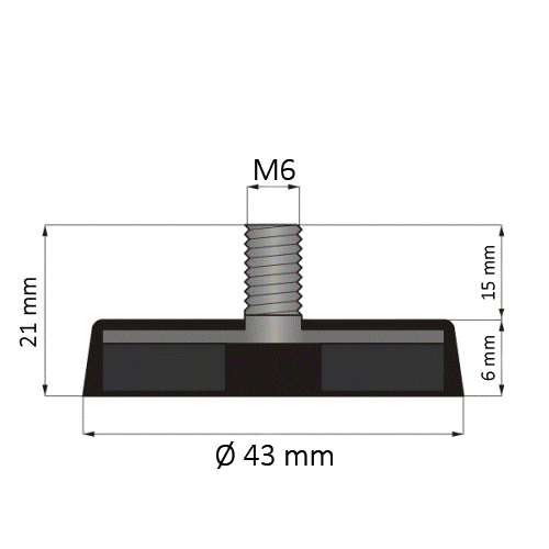 Magnstem Ø 43 mm gummiert mit Gewinde M6x15 - hält 10 kg