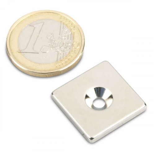 Quadermagnet 20,0 x 20,0 x 3,0 mm N45 Nickel - M3 Senkloch