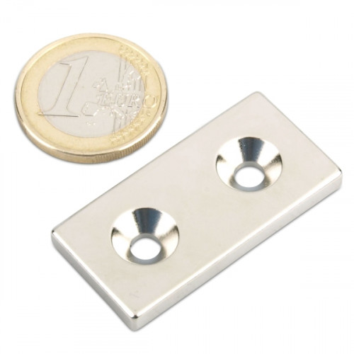 Quadermagnet 40,0 x 20,0 x 4,0 mm N35 Nickel mit 2 Senklöchern