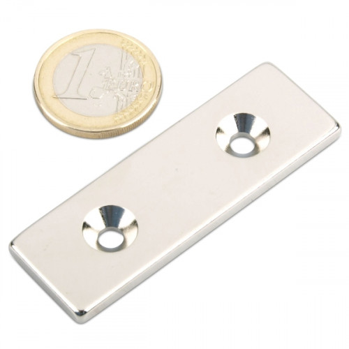 Quadermagnet 60,0 x 20,0 x 4,0 mm N35 Nickel mit 2 Senklöchern