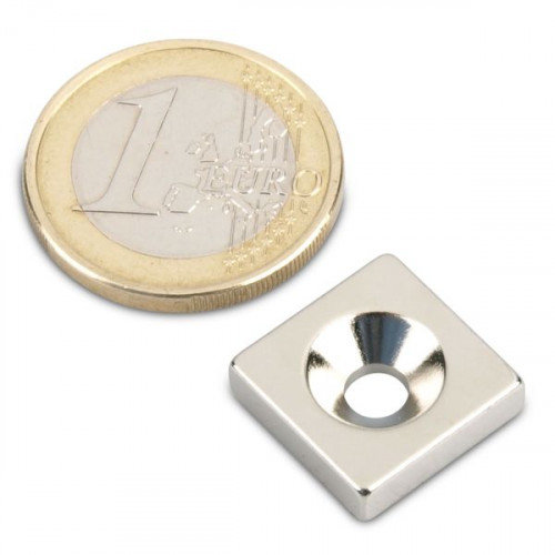 Quadermagnet 15,0 x 15,0 x 4,0 mm N35 Nickel mit Senkloch