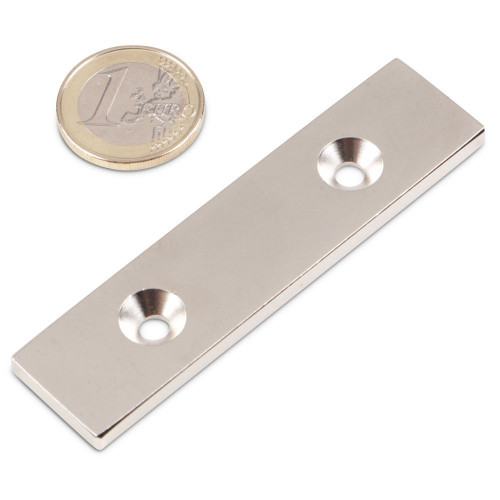 Quadermagnet 80,0 x 20,0 x 4,0 mm N35 Nickel mit 2 Senklöchern