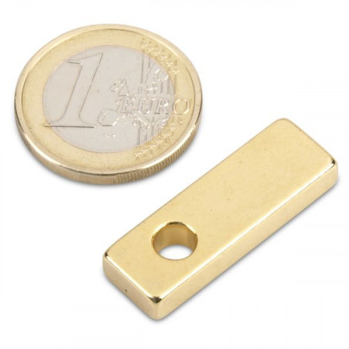 Quadermagnet 30,0 x 10,0 x 5,0 mm N45 Gold - mit Loch Ø 5 mm