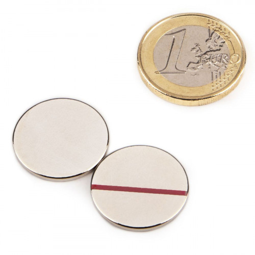 Scheibenmagnet Ø 20 x 1,5 mm N45 Nickel, Nordpol rot markiert