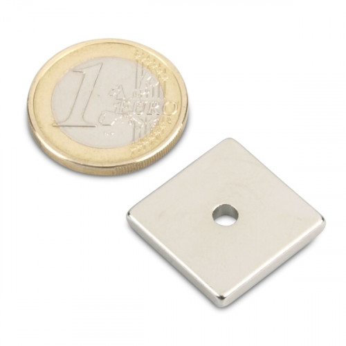 Quadermagnet 20,0 x 20,0 x 3,0 mm N45 Nickel - Ø 3,5 mm Loch
