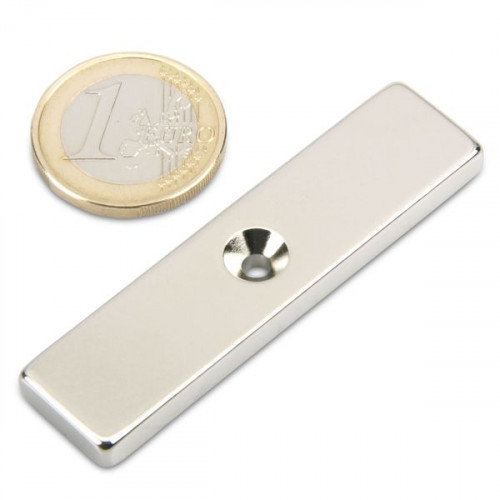Quadermagnet 60,0 x 15,0 x 5,0 mm N45 Nickel mit Senkloch