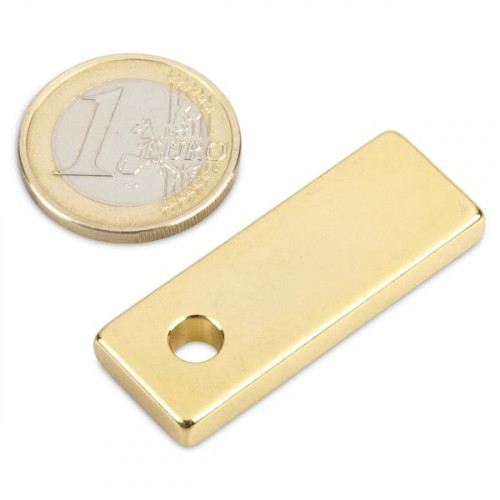 Quadermagnet 40,0 x 15,0 x 5,0 mm N45 Gold - Ø 5 mm Loch